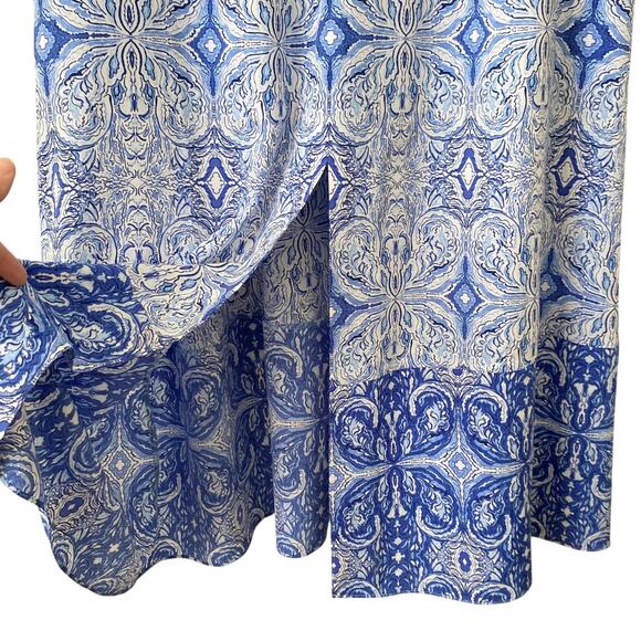 CHICO'S Kimono Maxi Dress Medallion Print Blue Size 8 Front Slit V Neckline Boho - Picture 4 of 7